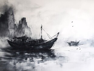 渔船小船烟墨山水