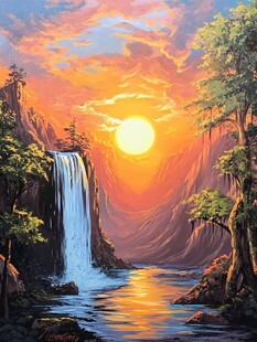 山水风景油画瀑布