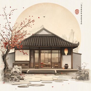 中式庭院插画