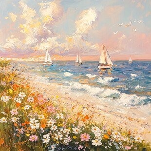 帆船风景油画