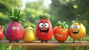 生动水果角色在绿色环境中欢快聚会