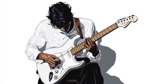 音乐家弹奏白色电吉他