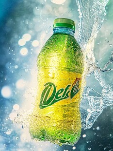 活力绿色 清新气息 Detla饮料 水滴飞溅 生动场景 饮品广告 冷饮 柠檬味 夏日解渴 绿色瓶盖