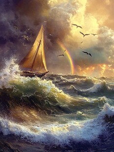 风暴中的帆船与彩虹
