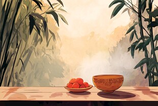 竹林静谧 木桌上的柿子和碗