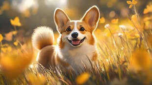 秋日柯基在花海中