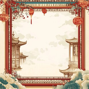 中国风建筑与花卉图案