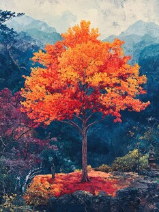 秋日山谷的燃烧之树