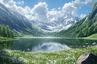 山谷中的湖泊与白雪皑皑的山脉