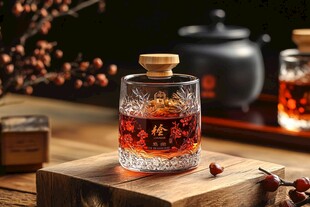 古朴典雅的酒杯 木塞封口 红酒或白酒 竹编杯垫 复古风格