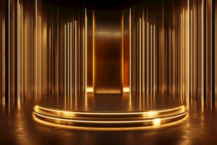 金色舞台 垂直光条 圆形讲台 深色背景
