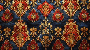 复古蓝金红提花布纹