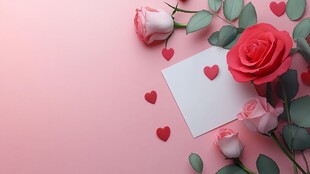 情人节浪漫 粉色背景 玫瑰与爱心 白色卡片 温馨氛围