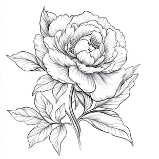 黑白线条画牡丹花与叶子