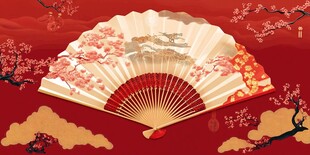 中国风扇艺术与红色背景的完美融合