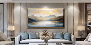 现代风景油画 金色山脉与湖泊