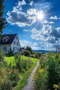 乡村小屋 阳光明媚 云朵飘荡