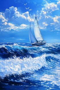 波涛汹涌的蓝色海洋中的帆船