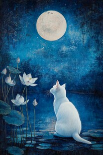 月下白猫与荷花