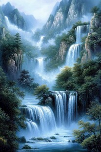 迷雾缭绕的山水瀑布风景