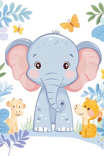 可爱野生动物大象 长颈鹿和蝴蝶在丛林中的插图