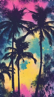 热带日落棕榈树剪影