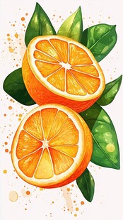 橙子切片与绿叶的艺术插画