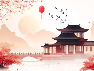 中国风古建筑山水画