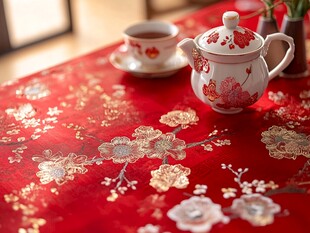 红色桌布上的茶具和杯子