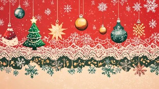 圣诞红背景下的雪花与圣诞装饰