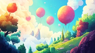 彩色热气球飞越森林山谷