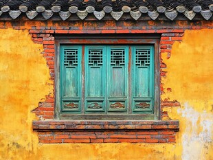 古老的窗户 红砖墙和瓦片屋顶