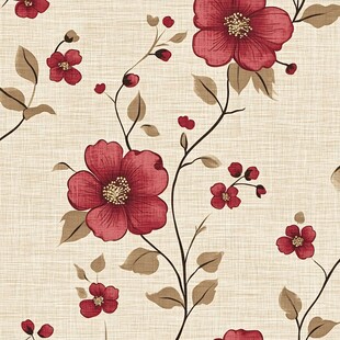 红色花卉图案的米色背景墙纸