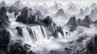 山水画中的瀑布与群山