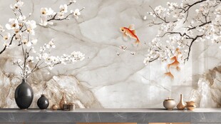 新中式风格壁画 描绘金鱼和白花的艺术作品