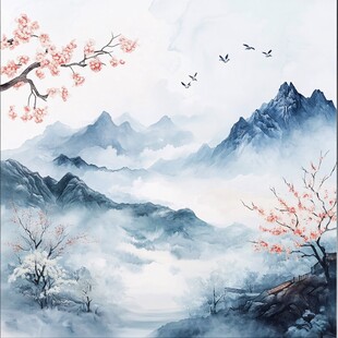 山水画中的梅花与群山