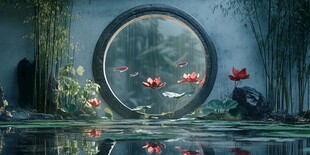 雨中庭院的宁静之美