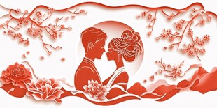浪漫剪纸艺术 情侣之吻 梅花盛开 红色浪漫 中国风情 爱情故事 山水背景 剪纸艺术 网络热门 红色主