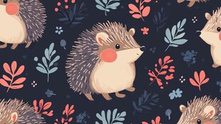 刺猬与花卉的无缝图案