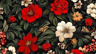 黑色背景上的红白花卉图案