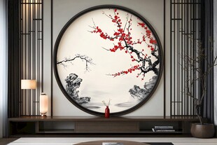 新中式圆形梅花壁画