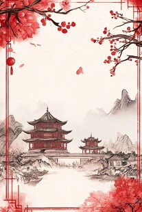 中国风古建筑山水画