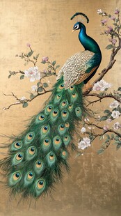 金色背景上的孔雀与花卉