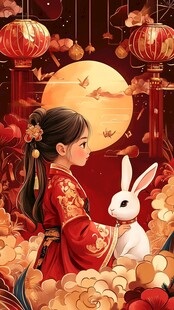月圆兔舞红衣女