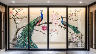 孔雀与花卉的艺术玻璃门