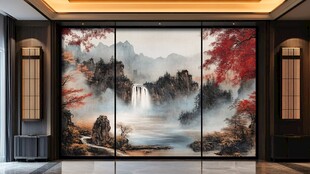 山水画中的瀑布与红叶