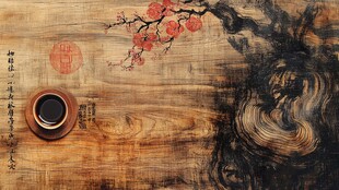 木纹上的梅花与茶杯