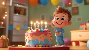 小男孩欢乐庆祝生日时刻