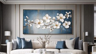 蓝底玉兰花装饰画客厅一角