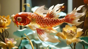 金鲤戏荷间 灵动美雕艺